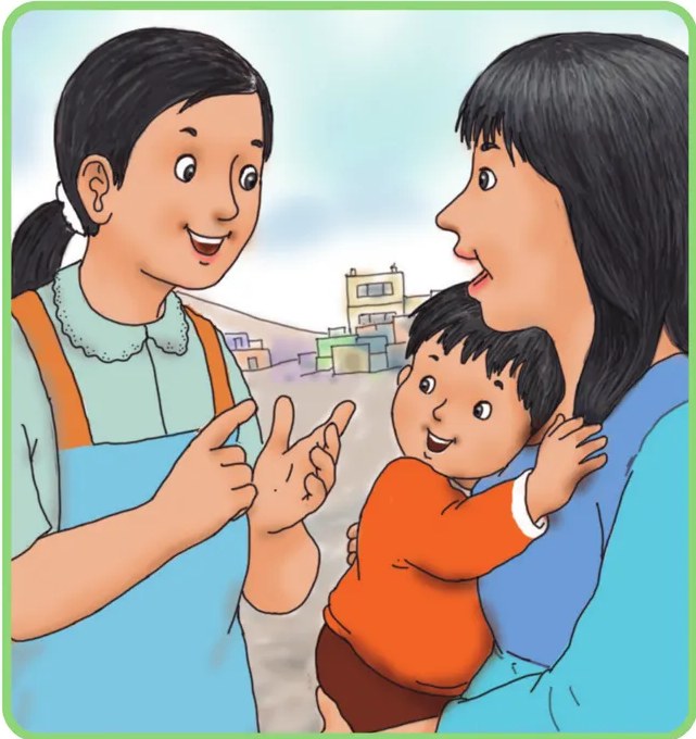 Ilustración a color que muestra a una educadora (con delantal azul y verde) hablando y gesticulando con una madre que sostiene en brazos a un bebé sonriente con ropa naranja. El fondo sugiere un entorno urbano con edificios. La escena transmite comunicación y confianza entre el servicio educativo y la familia.