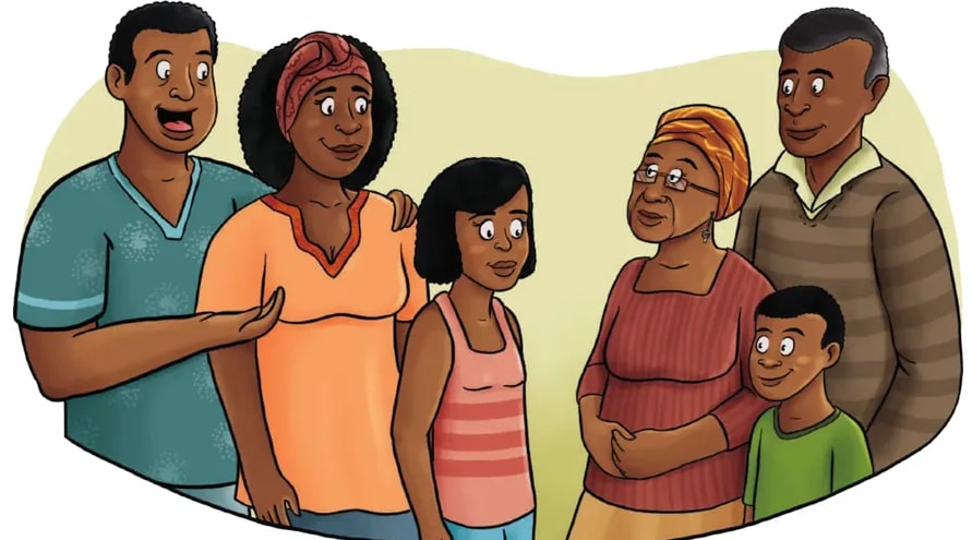 Ilustración de una familia afroecuatoriana extensa (varios adultos y niños) sonriendo, con vegetación de fondo.