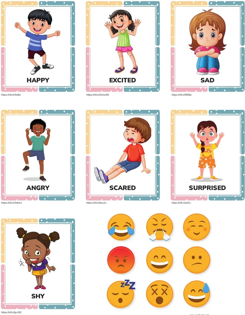 Tres tarjetas: ANGRY (niño enojado), SCARED (niño en el suelo asustado) y SURPRISED (niña con manos arriba).