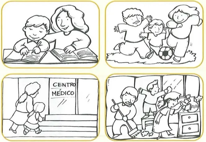 Cuatro escenas en blanco y negro para colorear: estudiando, jugando fútbol, visitando médico, limpiando.