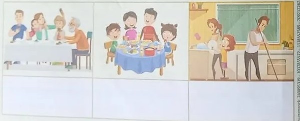 Cuatro ilustraciones escolares: niños peleando, niños compartiendo cuaderno, maestra dando clase, niños jugando bruscamente.