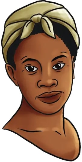 Retrato ilustrado en tonos cálidos de Martina Carrillo, mujer afrodescendiente con turbante amarillo, mirada serena y digna.