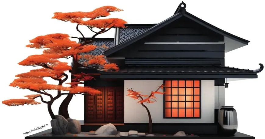 Casa estilo japonés tradicional con techo negro inclinado, paredes claras, ventanas con celosías y un árbol con hojas naranjas (bonsái grande) al lado izquierdo.