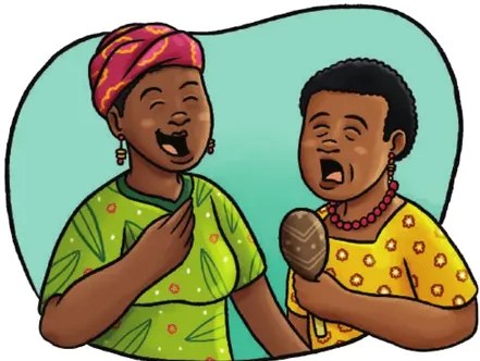 Ilustración de dos jóvenes afroecuatorianos cantando con micrófonos.