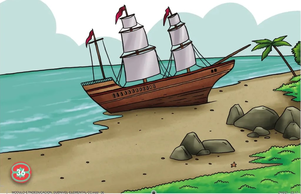 Ilustración a color de un barco velero antiguo (tres mástiles) navegando cerca de una costa tropical con palmeras y arena clara; evoca el barco de Alonso de Illescas y el naufragio en Portete.