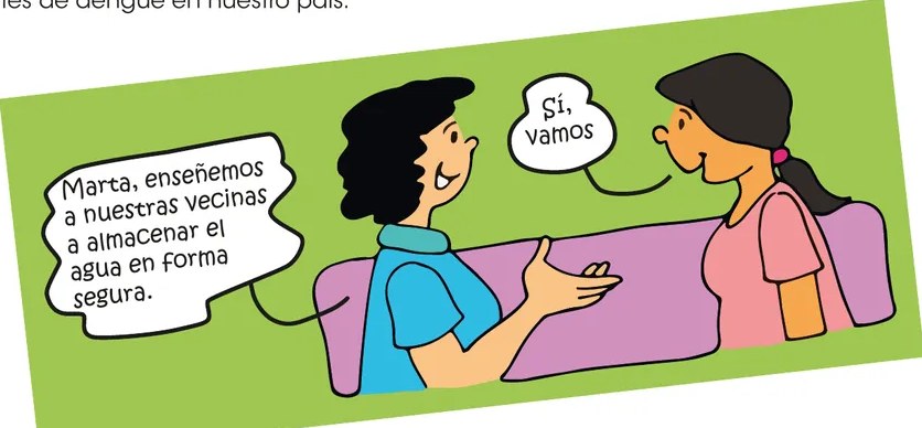 Ilustración de dos mujeres conversando. Una dice 'Marta, enseñemos a nuestras vecinas a almacenar el agua en forma segura.' La otra responde 'Sí, vamos'. Representa la difusión comunitaria del mensaje preventivo.