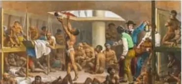 Grabado de M. Rugendas (1830) 'Navío negrero': barco con africanos en condiciones inhumanas.