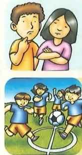 Niños jugando, niño solo, recuadro con niño con yeso.