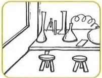 Nueve ilustraciones cuadradas de dependencias escolares para colorear.