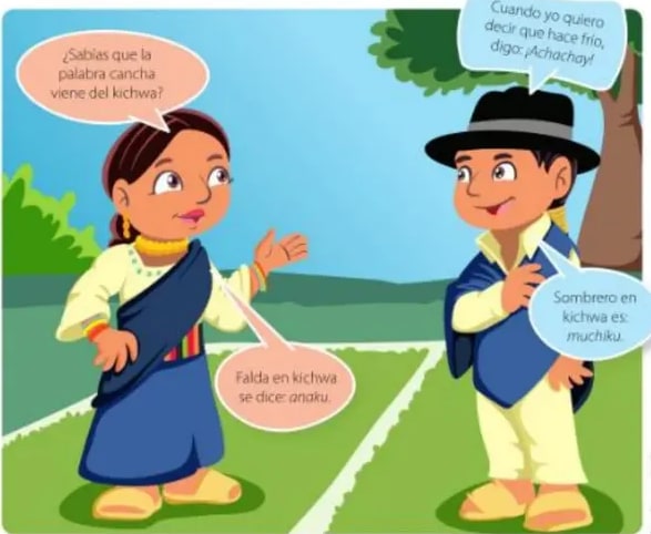 Manuela (otavaleña) y un niño dialogando sobre palabras kichwa.