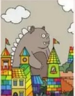 Ilustración de un dinosaurio gigante en una ciudad de colores con el texto del superlativo.