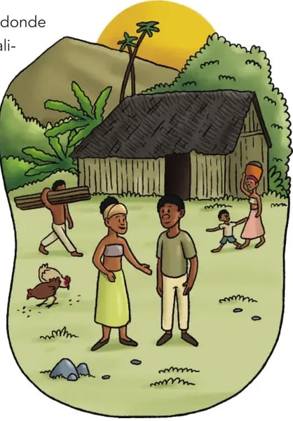 Ilustración de un palenque con empalizada y vegetación tropical.