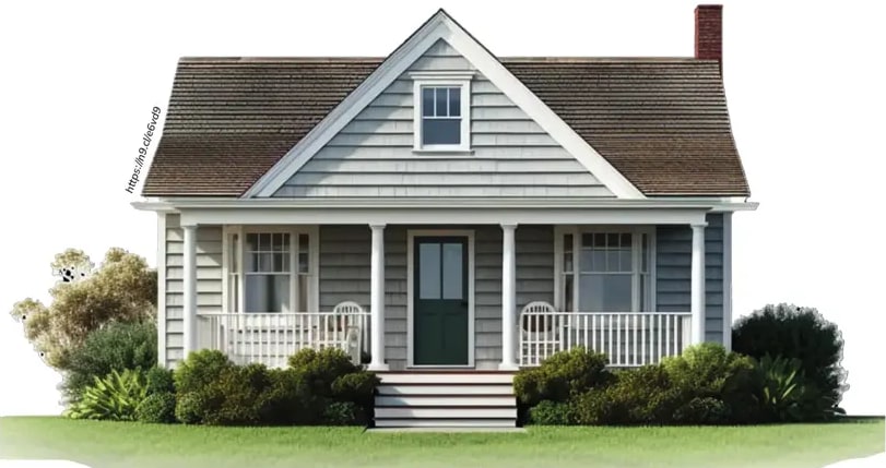 Casa estilo cottage con techo de tejas grises, paredes claras, porche con columnas y escalones, rodeada de arbustos y césped verde (parece ilustrar una casa estándar para introducir el tema).