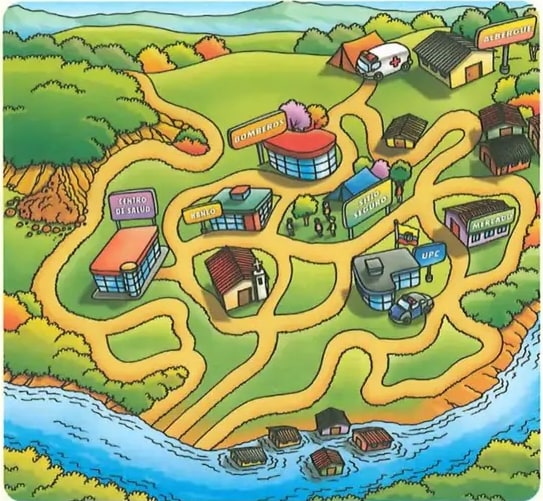 Laberinto con paisaje rural y río.