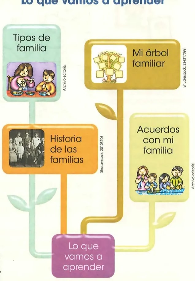 Cuatro tarjetas conectadas con tallos: ilustración de comida en familia (Tipos de familia), árbol genealógico (Mi árbol familiar), fotografía antigua de familia (Historia de las familias), familia firmando acuerdos (Acuerdos con mi familia).