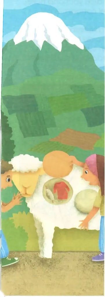 Ilustración de andina con oveja, niña con falda y volcán nevado.
