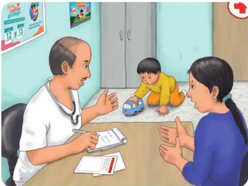 Ilustración de vacunación infantil: trabajadora de salud con gorro administrando una inyección en el brazo de un niño pequeño que está sentado en el regazo de su madre. Muestra la práctica correcta de inmunización.