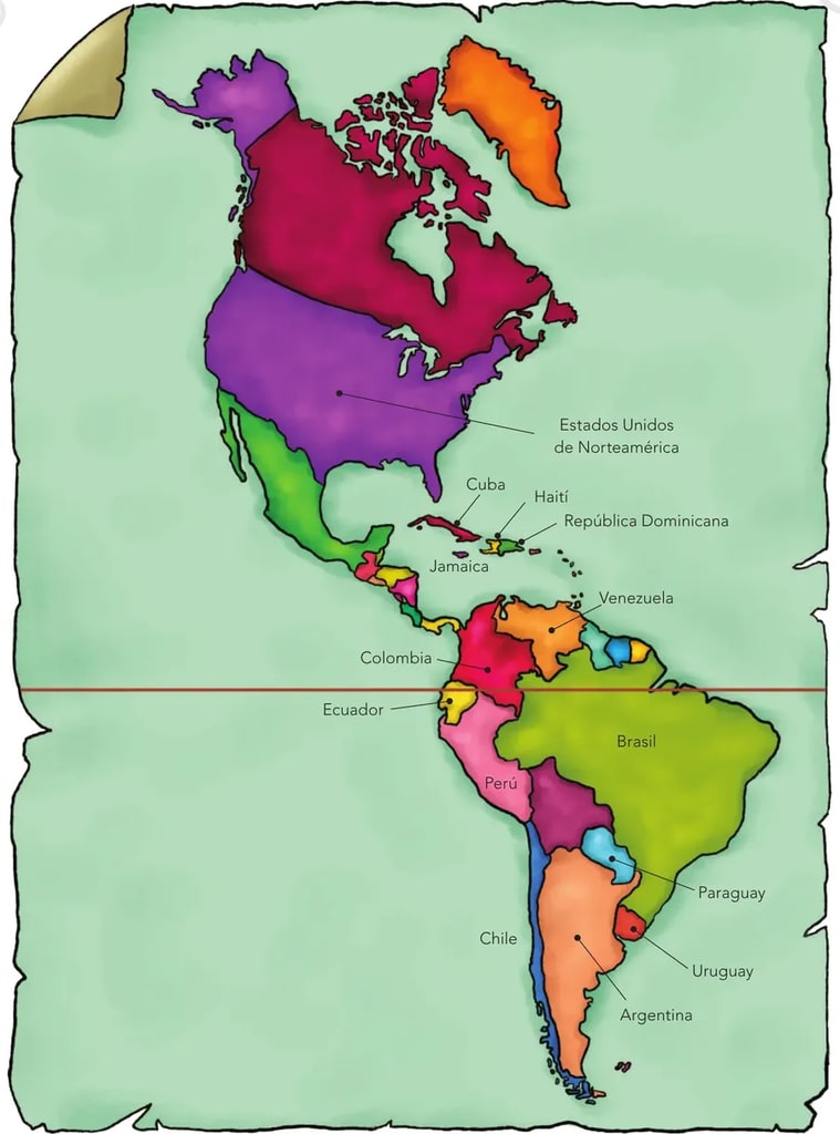 Mapa ilustrado del continente americano sobre fondo de pergamino. Los países aparecen en distintos colores (morado, verde, amarillo, naranja, rojo, magenta) con etiquetas: Estados Unidos de Norteamérica, Cuba, Haití, República Dominicana, Jamaica, Venezuela, Colombia, Ecuador, Brasil (en verde, gran extensión), Perú, Paraguay, Uruguay, Argentina, Chile (en naranja-rosa).