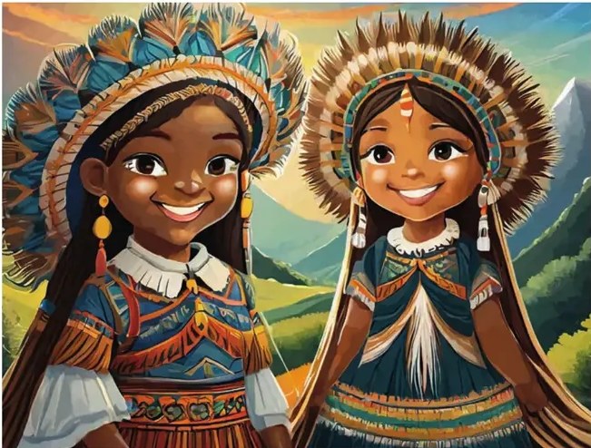 Ilustración de un niño y una niña japoneses sonrientes vistiendo kimonos coloridos (azul y rosa con flores), con el monte Fuji al fondo.