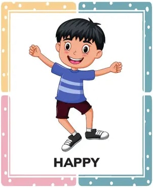 Tres tarjetas: HAPPY (niño con brazos en alto), EXCITED (niña con manos abiertas) y SAD (niña triste).