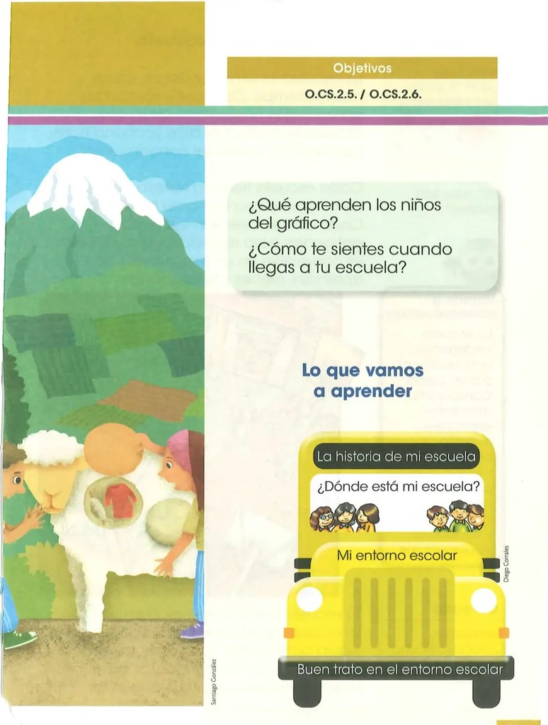 Bus escolar amarillo con los nombres de los temas en ventanas.