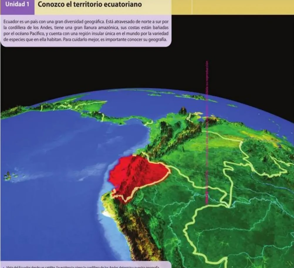 Vista satelital de Sudamérica con Ecuador resaltado en rojo, mostrando la posición andina.
