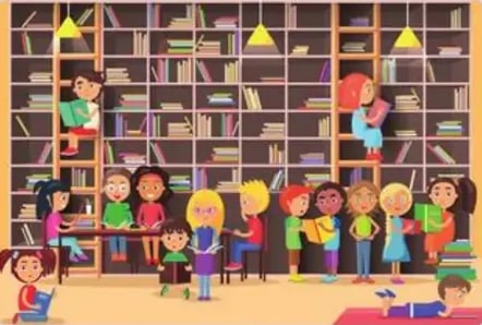 Biblioteca escolar con muchos libros y niños leyendo.