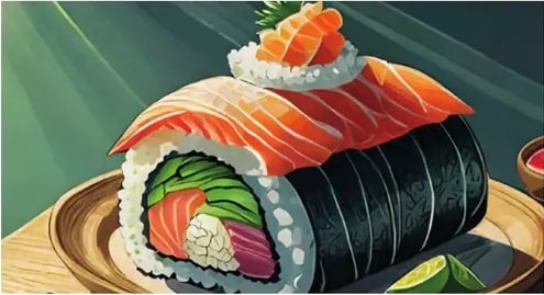 Ilustración de rollos de sushi con salmón sobre arroz y vegetales (pepino, aguacate, atún) envueltos en alga.