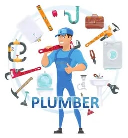 Plomero (plumber) con uniforme azul rodeado de herramientas (llave inglesa, sierra, tubos, maletín).