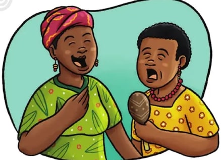 Ilustración de una abuela y una niña afroecuatorianas conversando. La abuela lleva turbante azul; la niña sostiene una fruta o alimento amarillo. Representa la transmisión oral del relato sobre la catanga.