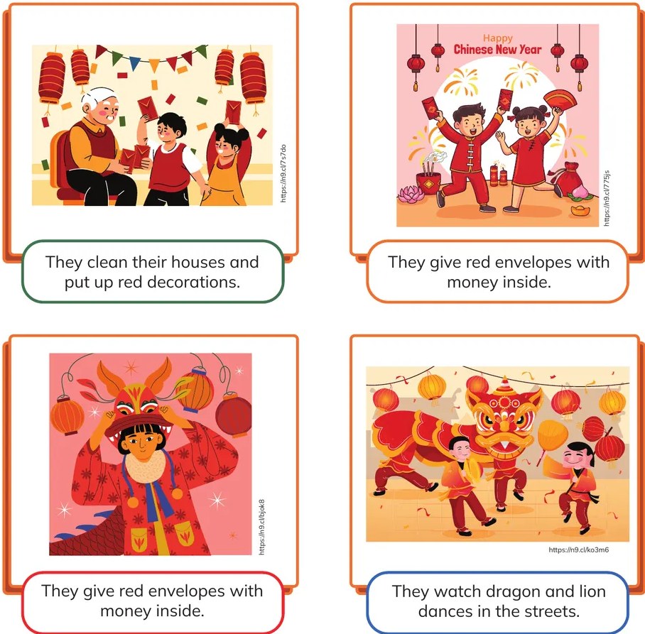 Niño y niña con vestidos rojos sosteniendo sobres rojos; texto 'Happy Chinese New Year' al fondo.