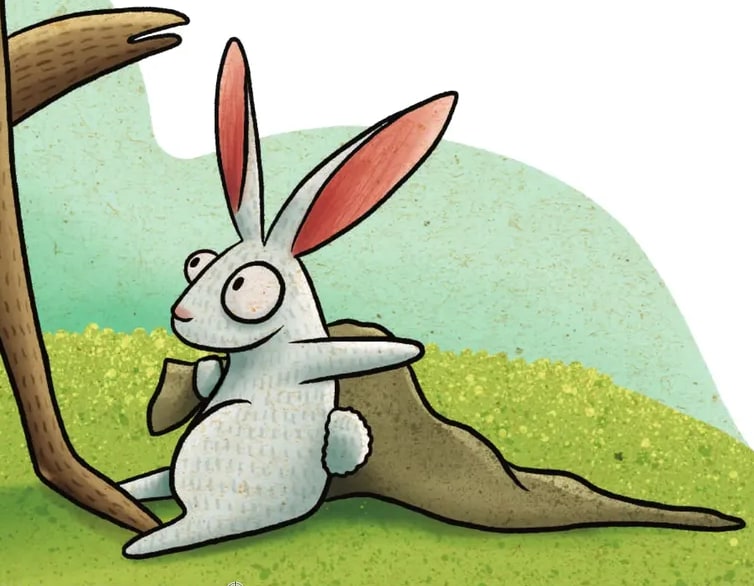 Ilustración grande de un lobo marrón parado en dos patas, con ojos saltones y expresión perpleja, sobre un fondo verde claro.