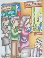 Ilustración alusiva a la interculturalidad con personas indígenas y un pozo de agua.