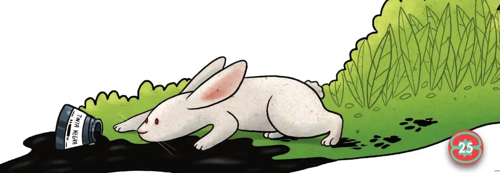 Ilustración de un conejo blanco con un frasco de tinta volcada (texto manchado), cactus y vegetación tipo desierto.