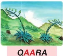 Ilustración de una casa grande de adobe o piedra, caserón andino. Etiqueta: RAQAA.