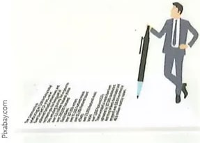 Ilustración de un hombre de negocios con traje sosteniendo papeles y una pluma, en actitud de escribir. Imagen decorativa que acompaña el panel de Competencia comunicacional. Crédito: Pixabay.