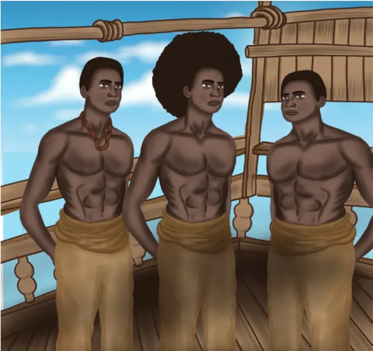 Ilustración de tres hombres afrodescendientes en la cubierta de un barco esclavista mirando al horizonte.
