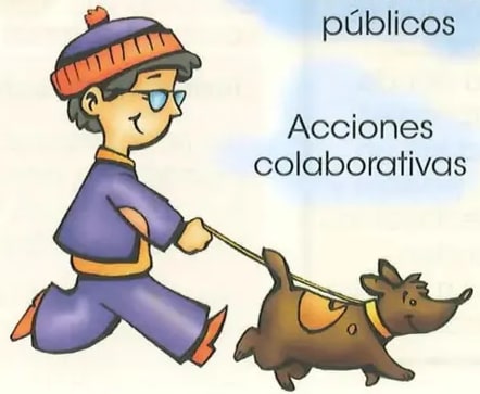 Cinco nubes azules con los temas, niño con su perro.
