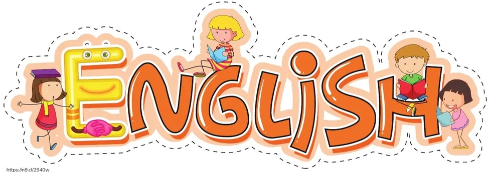 Sticker decorativo con la palabra 'ENGLISH' en letras grandes y niños alrededor.