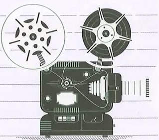 Ilustración de un proyector cinematográfico vintage con dos carretes de película, de estilo retro en blanco y negro/gris oscuro. Imagen decorativa que acompaña el espacio de escritura del ejercicio 11. Crédito: Shutterstock (2020) 257125578.