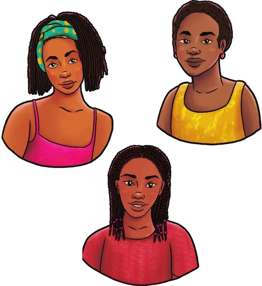 Ilustración de mujer afroecuatoriana de cabello corto natural, aretes rojos, blusa amarilla.