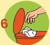Ilustración del paso 6: papel toalla siendo eliminado en un tacho de basura, numerada con el dígito 6.