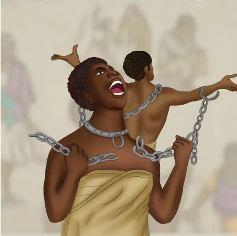 Ilustración de una mujer afrodescendiente con cadenas rotas en el cuello y los brazos extendidos al cielo, simbolizando la libertad recuperada.