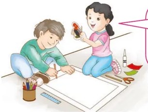 Ilustración de dos niños (varón y niña) sentados en el piso elaborando un afiche con papeles de colores, tijeras y pegamento. Burbuja de diálogo: 'Después de todo lo que recordamos, ya estamos listos para elaborar nuestros propios afiches.'