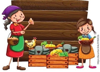 Mercado local con dos mujeres ofreciendo frutas, verduras y un huevo; cajas de productos frescos al pie.