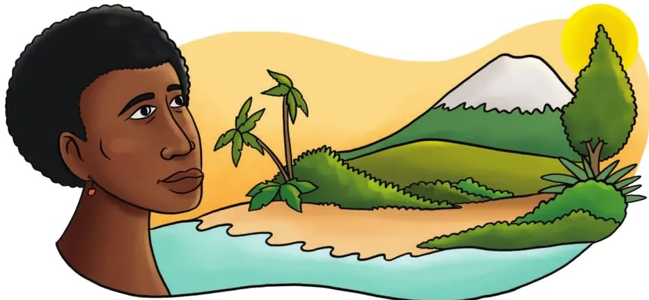 Ilustración a color: dos mujeres afroecuatorianas con vestidos coloridos caminando con un niño en un paisaje volcánico/andino, simbolizando la migración familiar.