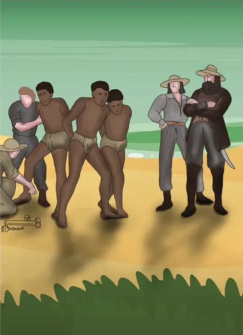 Ilustración de un grupo de afrodescendientes y zambos en la costa, durante el primer movimiento cimarrón.