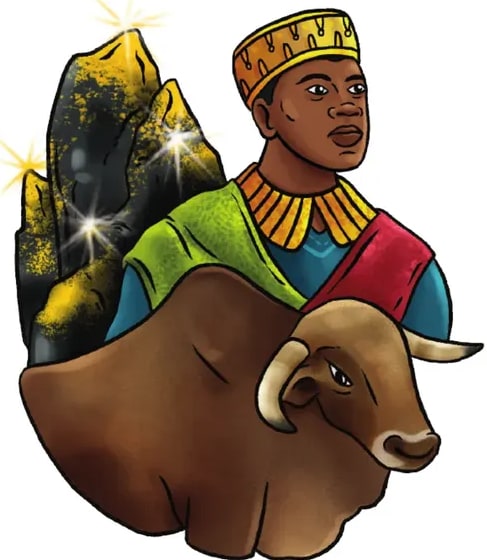 Ilustración estilizada de un rey africano (joven con corona y collares dorados, ropa azul) montado sobre un toro/cebú, evocando el poderío y la riqueza de los imperios. Estilo cómic de tonos cálidos.
