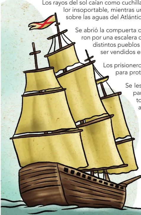 Ilustración a doble página: barco velero antiguo (galeón esclavista) en mar agitado, con peces y olas, vinculado a la siguiente página.