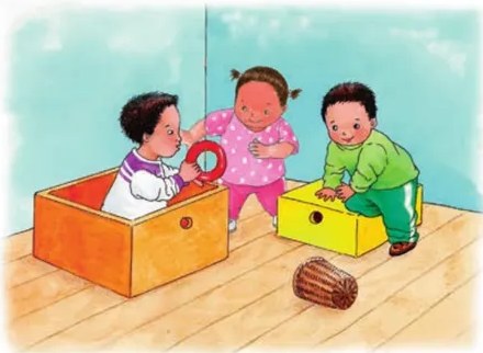 Ilustración de un aula de educación inicial con una docente y una auxiliar interactuando con tres niños pequeños en un ambiente decorado con flores y espejos circulares. Representa el entorno educativo como espacio de intercambios recíprocos entre niños y adultos cuidadores.